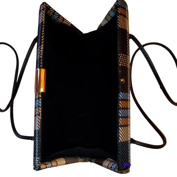 Rare Vintage Minaudière Snap Close Hard Body Bag: Blue, Black, Gold, Tan Plaid - Picture 8 of 12